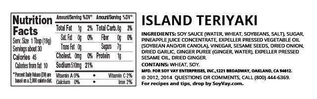 Island Teriyaki Marinade & Sauce nutritional information