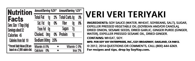 Veri Veri Teriyaki® Marinade & Sauce nutritional information