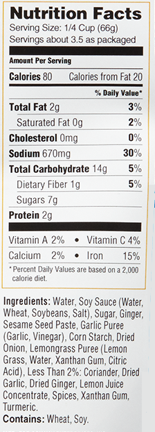 Malaysian Ginger Curry Simmer Sauce nutritional information