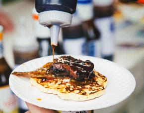 Korean Short Rib Johnny Cakes w/ Kimchi & Pickled Onion