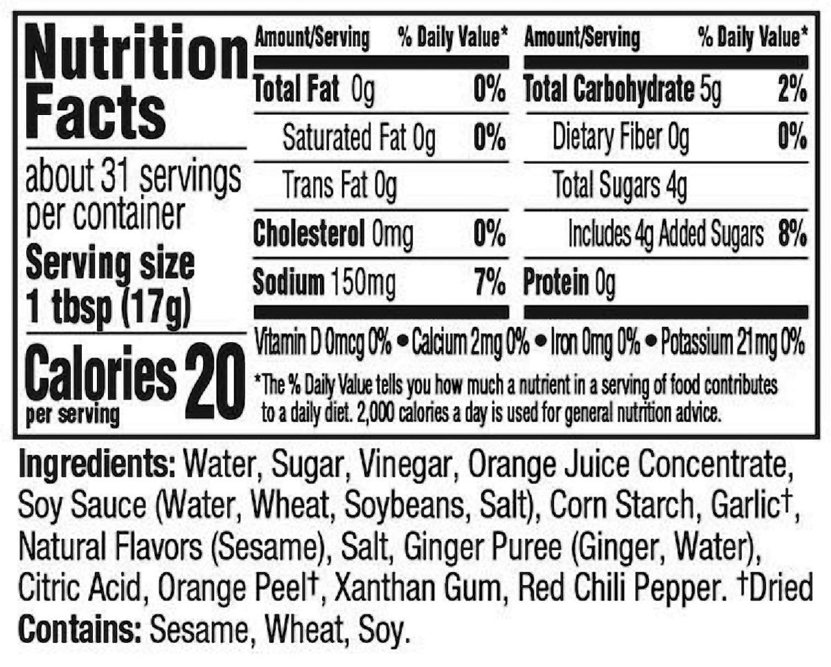 Orange Ginger Marinade & Sauce nutritional information