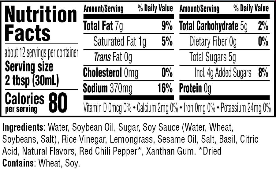 Lemongrass Vinaigrette Dressing nutritional information