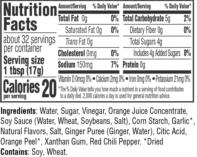 Orange Ginger Marinade & Sauce nutritional information