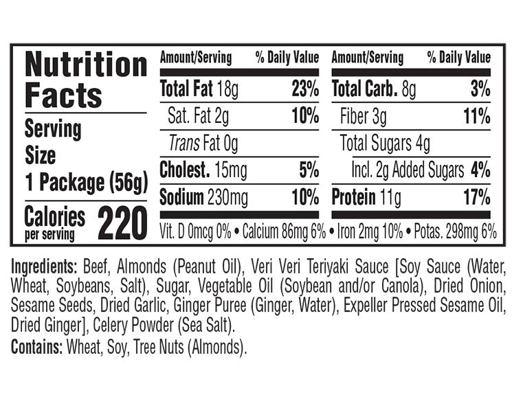 Teriyaki Beef & Roasted Almonds Veri Veri Jerky Snack Mix nutritional information