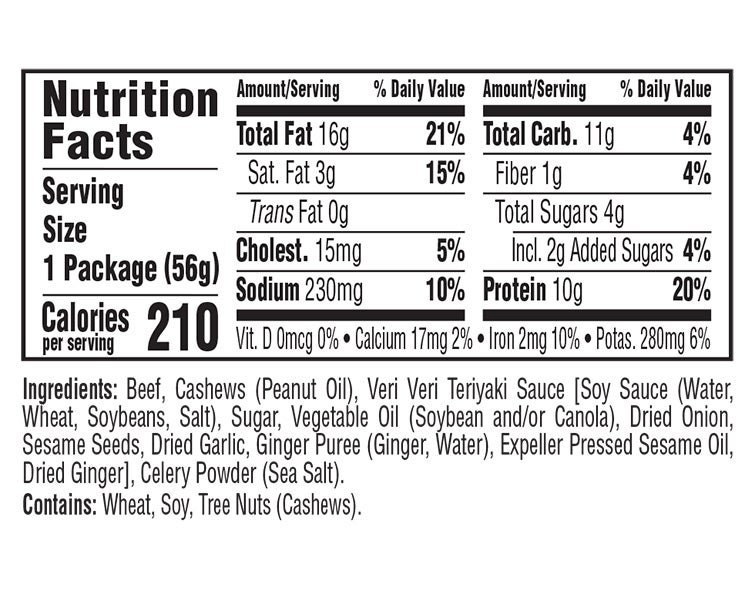 Teriyaki Beef & Cashews Veri Veri Jerky Snack Mix nutritional information
