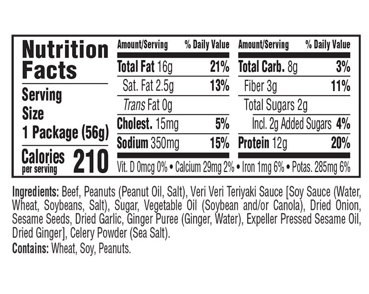 Teriyaki Beef & Roasted Peanuts Veri Veri Jerky Snack Mix nutritional information