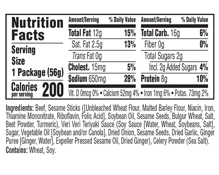 Teriyaki Beef & Sesame Sticks Veri Veri Jerky Snack Mix nutritional information